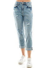 Load image into Gallery viewer, ROOL-UP DISTRESSED HIGH RISE STRETCH MOM JEANS