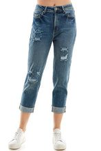 Load image into Gallery viewer, ROOL-UP DISTRESSED  HIGH RISE STRETCH MOM JEANS
