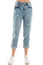 Load image into Gallery viewer, ROOL-UP DISTRESSED  HIGH RISE STRETCH MOM JEANS
