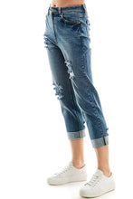 Load image into Gallery viewer, ROOL-UP DISTRESSED  HIGH RISE STRETCH MOM JEANS
