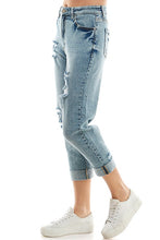 Load image into Gallery viewer, ROOL-UP DISTRESSED  HIGH RISE STRETCH MOM JEANS
