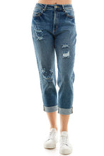 Load image into Gallery viewer, ROOL-UP DISTRESSED  HIGH RISE STRETCH MOM JEANS
