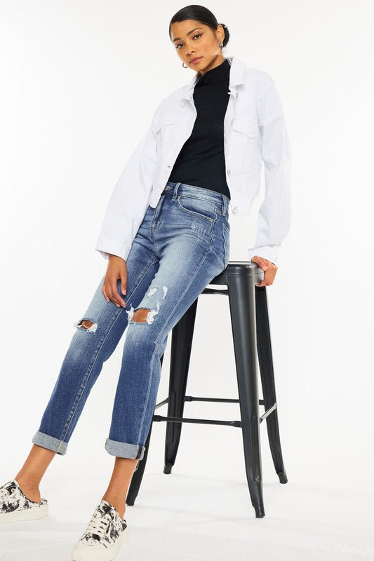 High Rise Hem Detail Slim Straight Jeans